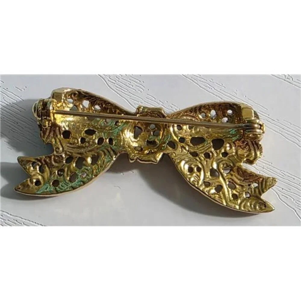 Gold Tone Bowtie Brooch 0.5 x 1.75 Inch Filigree Vintage Pin